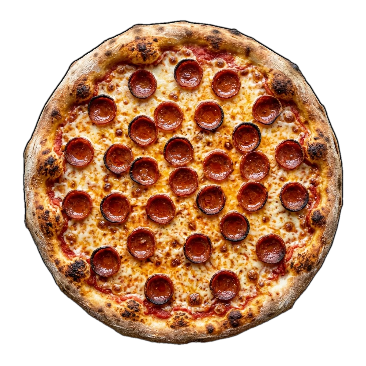 A pepperoni pizza with melted cheese and a charred crust.